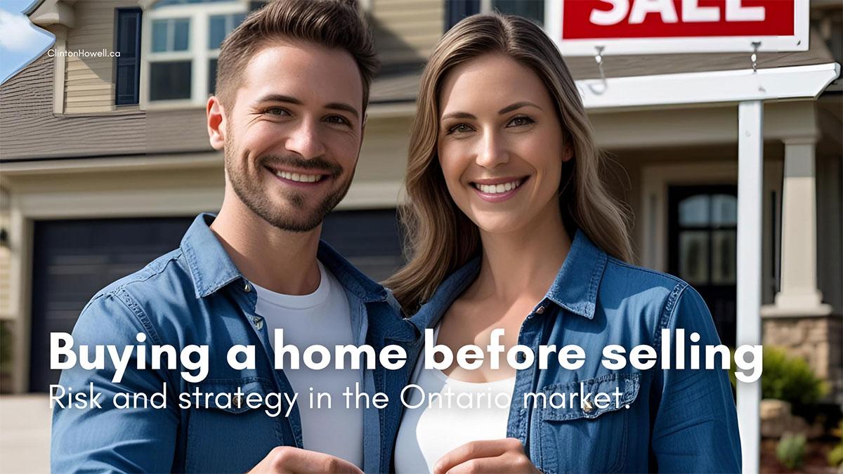 Couple holding keys in front of new home while current home is still for sale.