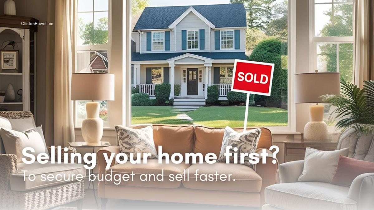 Interior view of staged home with SOLD sign. Selling first to secure budget.
