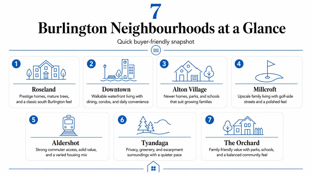 Infographic showing seven Burlington neighbourhoods at a glance for home buyers, including Roseland, Downtown, Alton Village, Millcroft, Aldershot, Tyandaga, and The Orchard.
