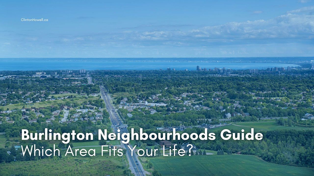 Aerial view of Burlington Ontario neighbourhoods stretching from rural fields toward Lake Ontario and the downtown core