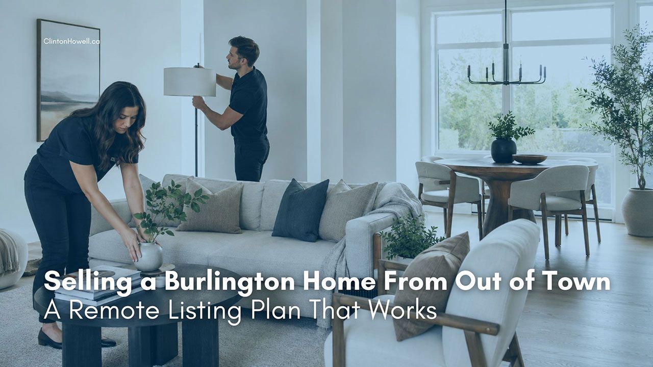 Home staging team preparing a bright living and dining room for selling a Burlington home out of town