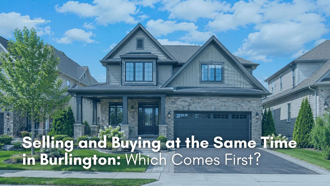 Two-storey Burlington home with stone and grey board-and-batten exterior, covered porch, and double garage